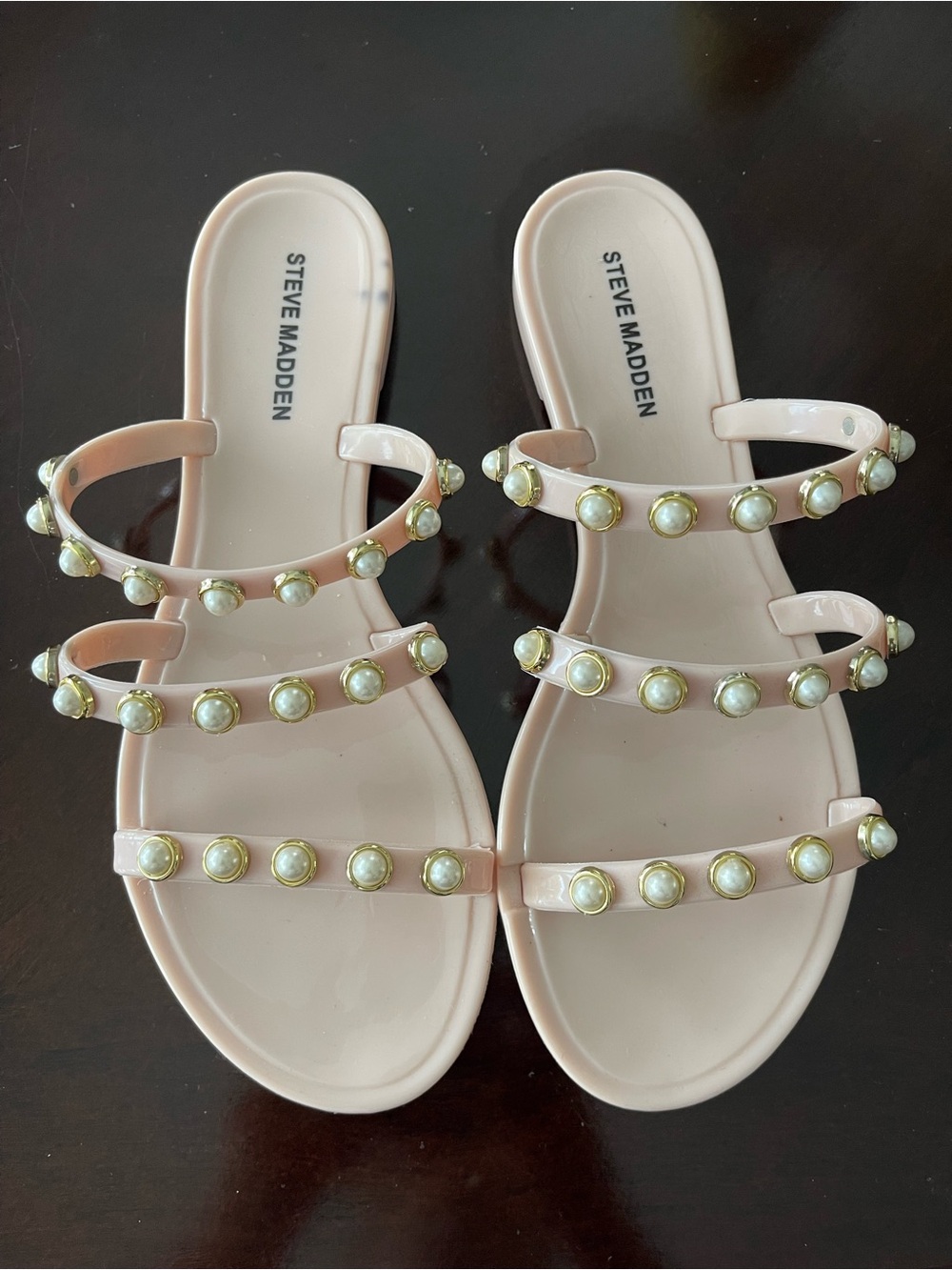 Steve Madden Pink Pearl-Studded Triple Strap Slide Sandals Size 7